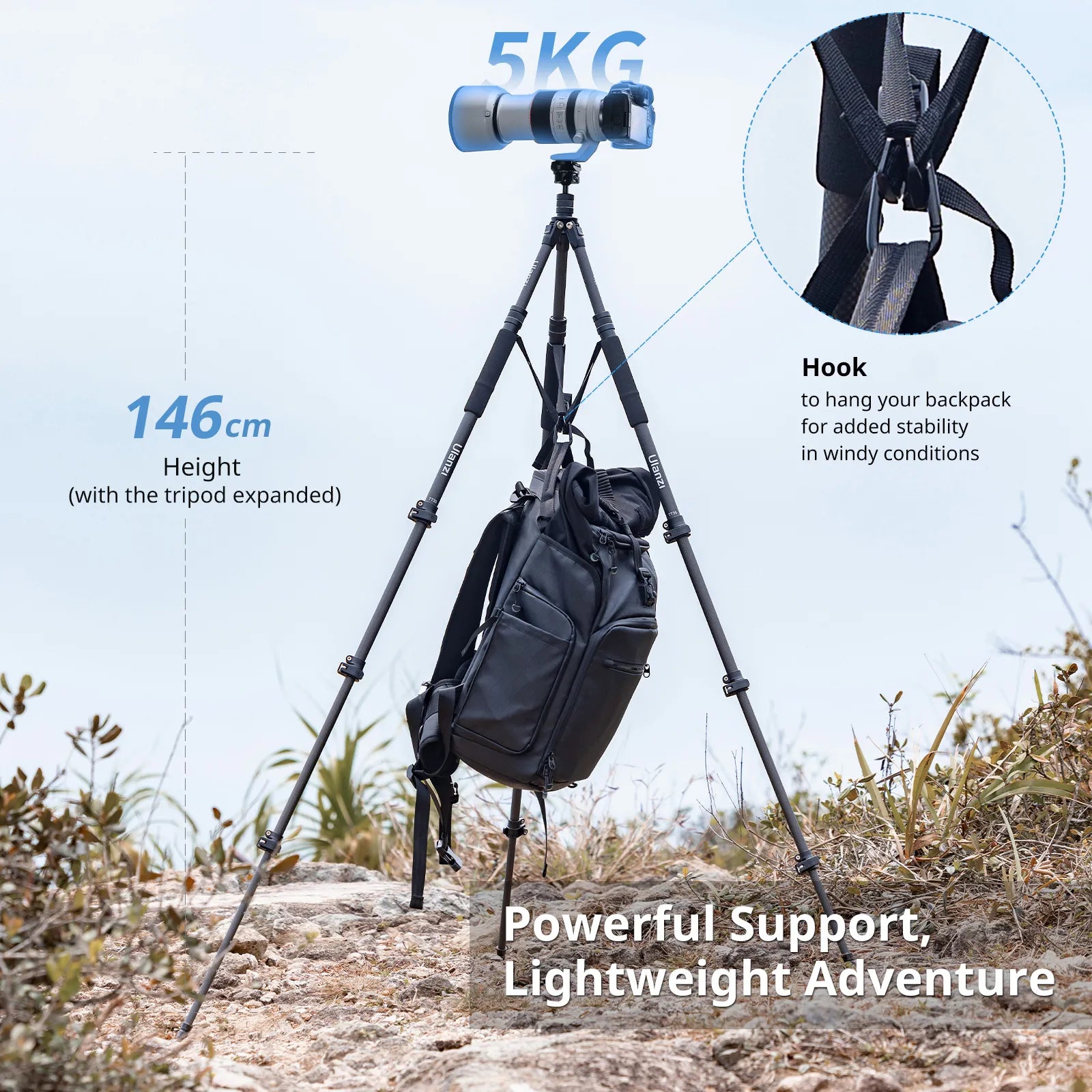 Ulanzi TT35 tripod with 5kg support and 146cm height in outdoor setting.