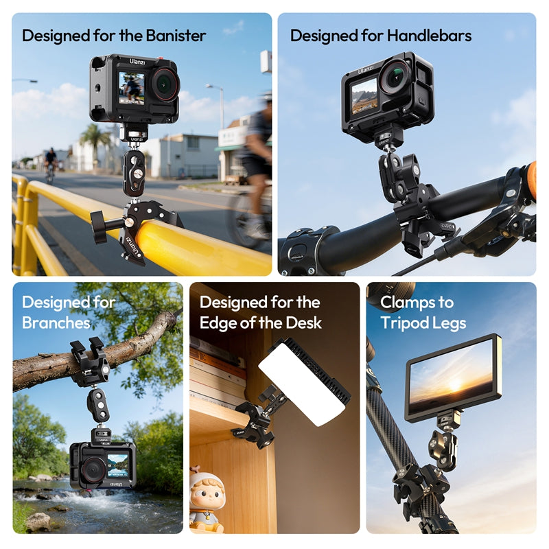 Ulanzi CO78 Super Clamp kit versatility: mounts on banisters, handlebars, branches, desk edges, and tripod legs.