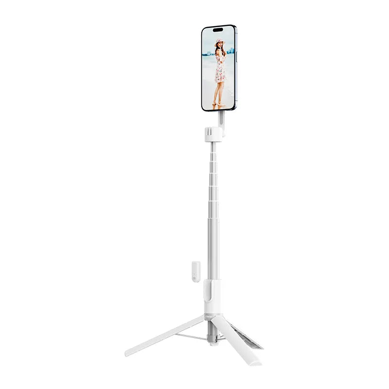 Ulanzi MG-003 white magnetic selfie stick tripod with smartphone for stable shooting.