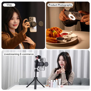 Ulanzi Vlogging Kit: Woman vlogging, product photography with ring light, and live streaming setup.