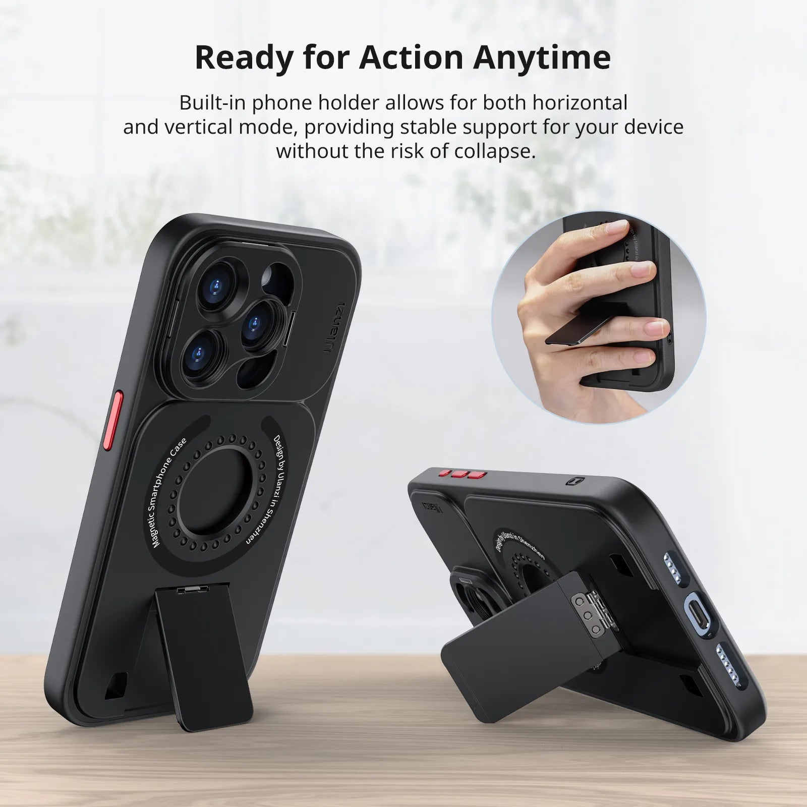 Ulanzi O-LOCK Phone Video Kit for iPhone 15 Pro/Pro Max with built-in phone holder and stand.