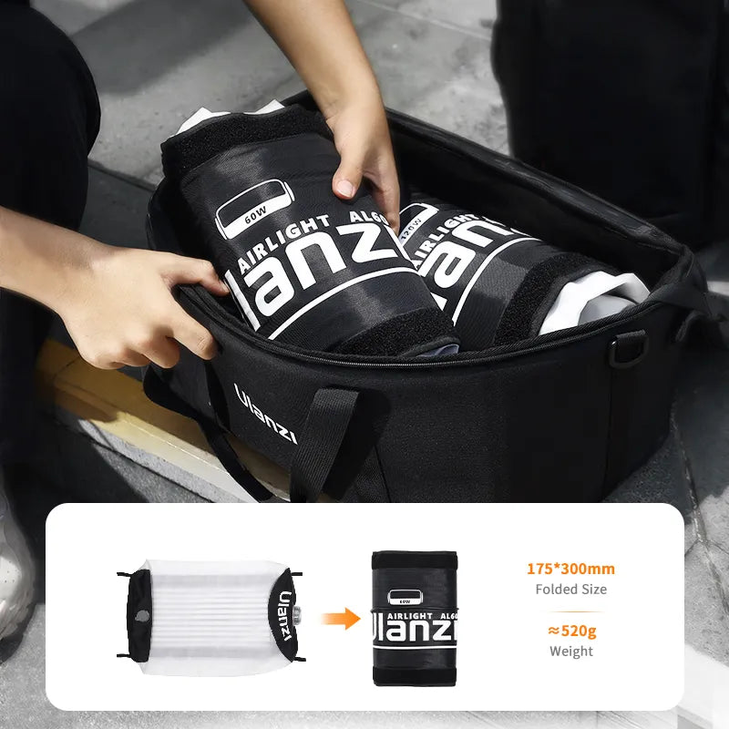 Ulanzi AL60 inflatable LED light stored in a black bag with dimensions and weight.