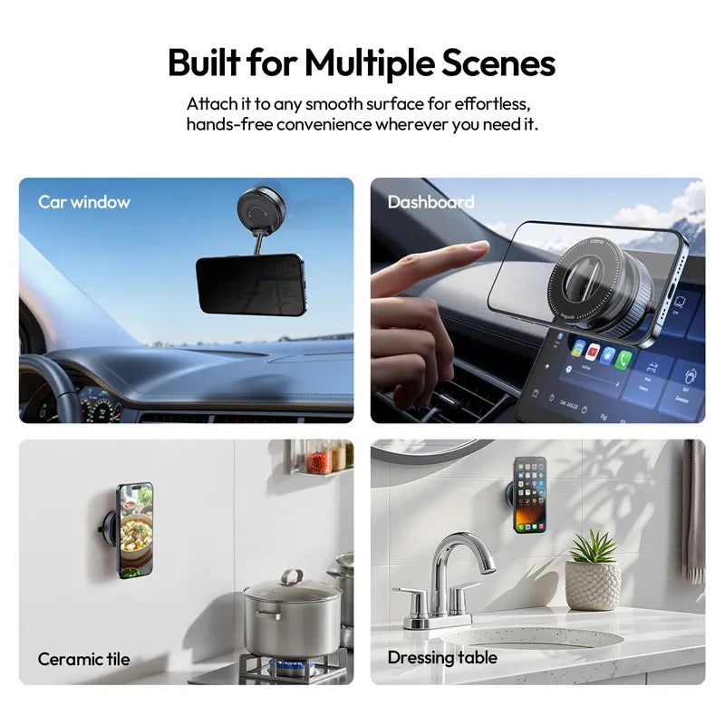 Ulanzi SK-25 MagMount securely holding phones on car window, dashboard, ceramic tile, and dressing table.