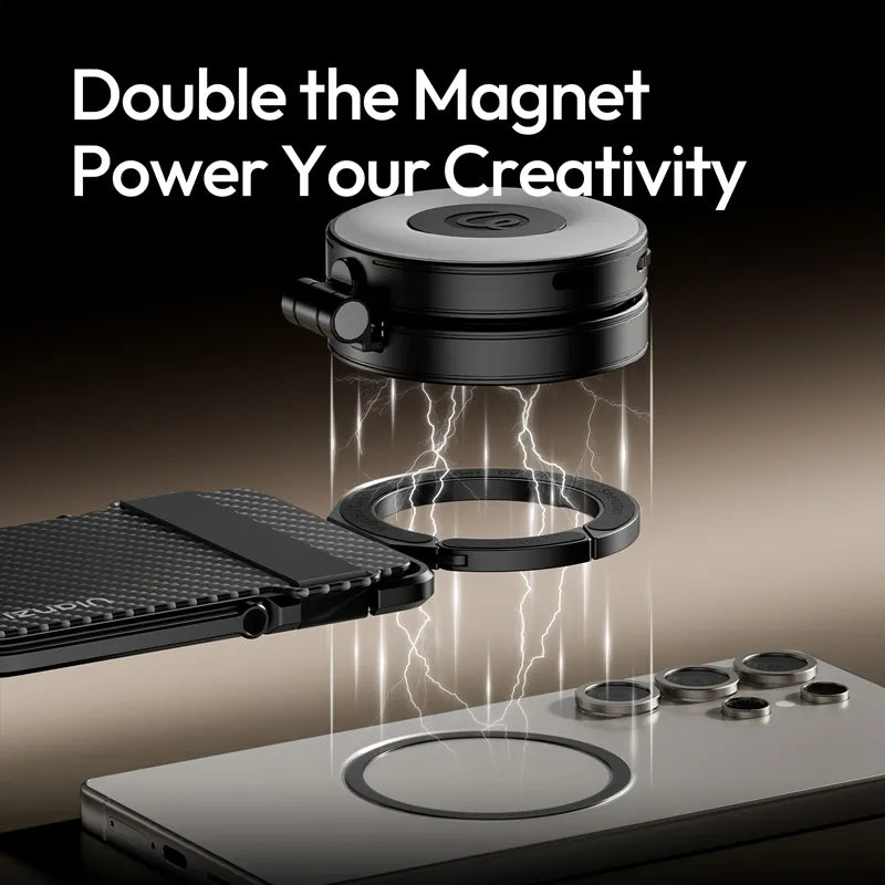 Magnetic components aligning above a smartphone, illustrating double magnet power for enhanced attachment.