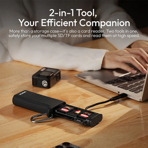 Ulanzi CR2 card case with SD cards inserted, connected to a laptop via USB-C.