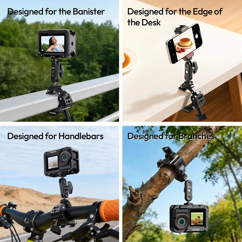 Ulanzi CO78 Super Clamp shown mounted on a banister, desk edge, handlebars, and tree branch, demonstrating versatility.