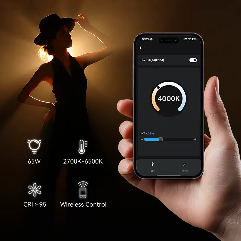 Photographer holding smartphone controlling Ulanzi LED video light, displaying 6500K color temperature setting and brightness adjustment interface.