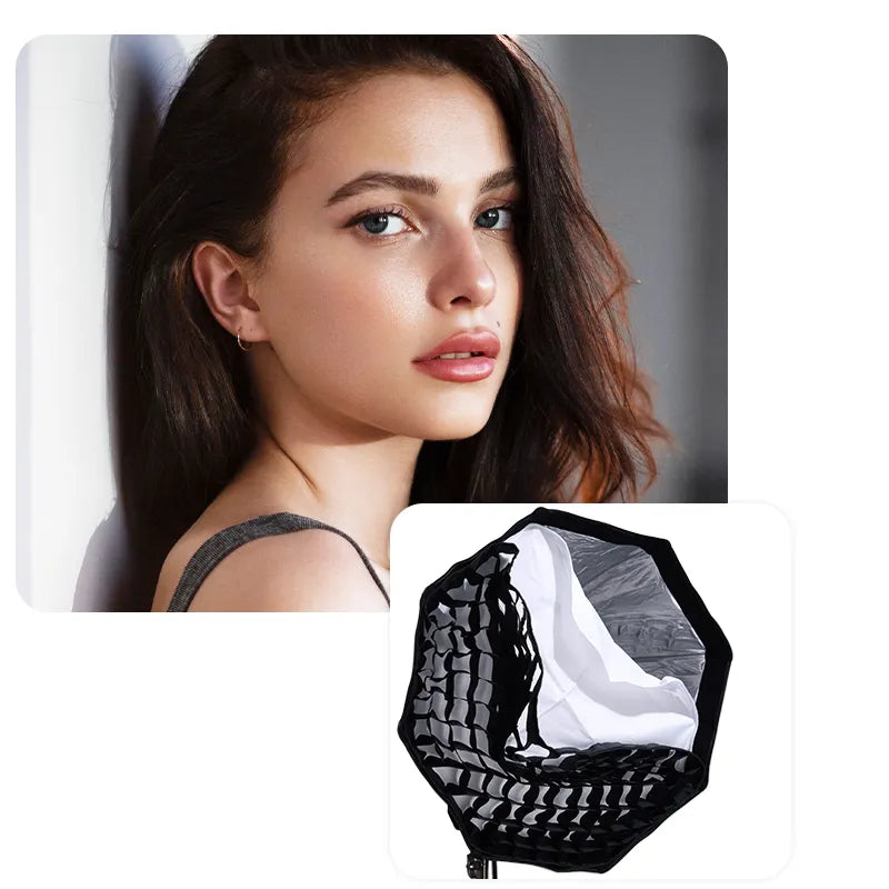 Model with Ulanzi octagonal softbox demonstrating soft light diffusion in photography