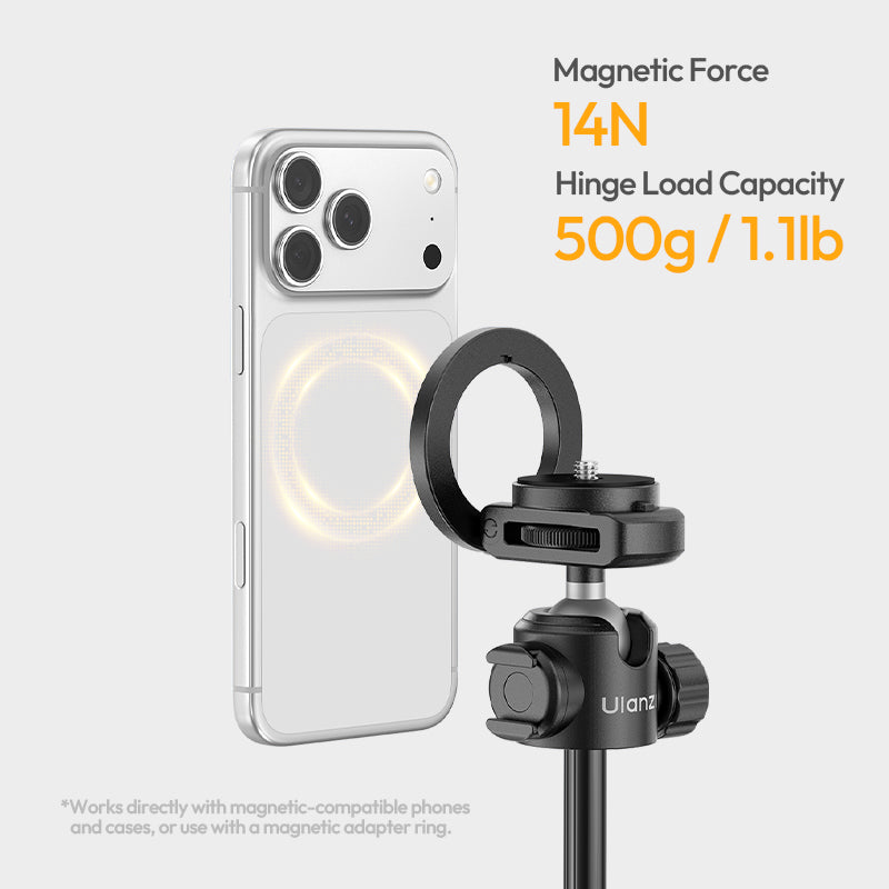 Ulanzi magnetic phone mount with smartphone attached on a selfie stick tripod