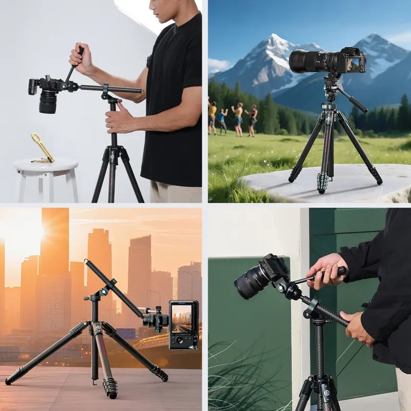 A collage showing the Ulanzi JJ06 Glidego travel tripod being used in various ways.