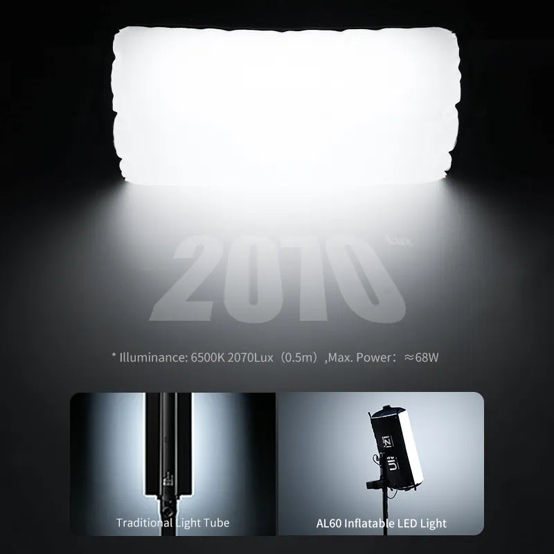 Ulanzi AL60 Inflatable LED Light showing brightness levels and specifications.