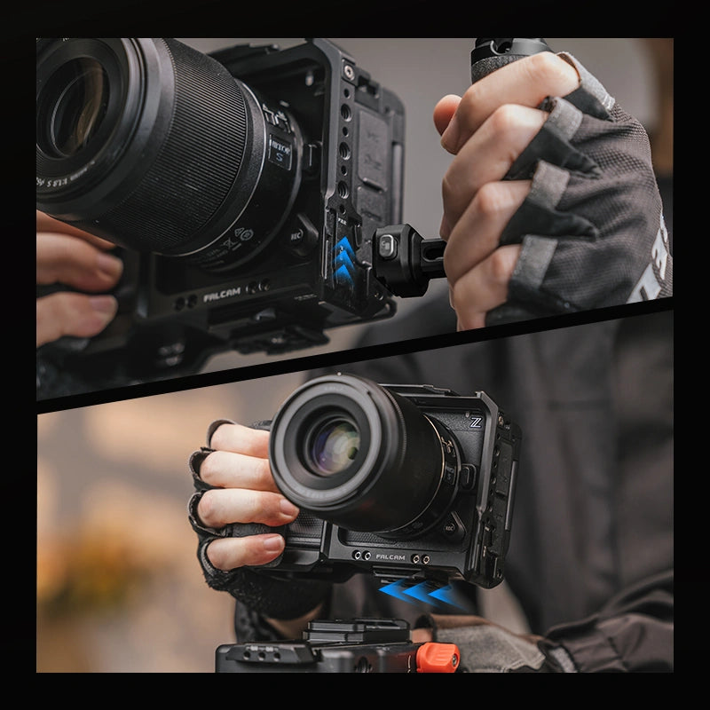 FALCAM F22 F38 quick release camera cage attached to Nikon camera, user demonstrating connection.