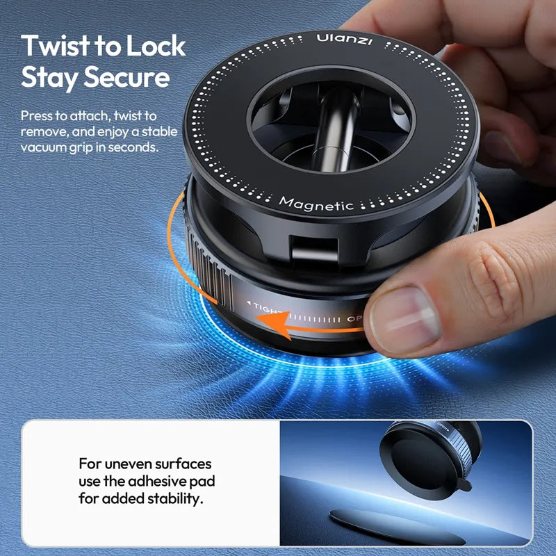 Hand twisting a Ulanzi SK-25 MagMount to lock it securely on a surface with magnetic and vacuum grip.
