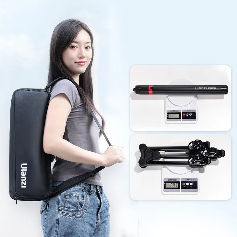 Woman with Ulanzi backpack displaying camera gear on a digital scale.