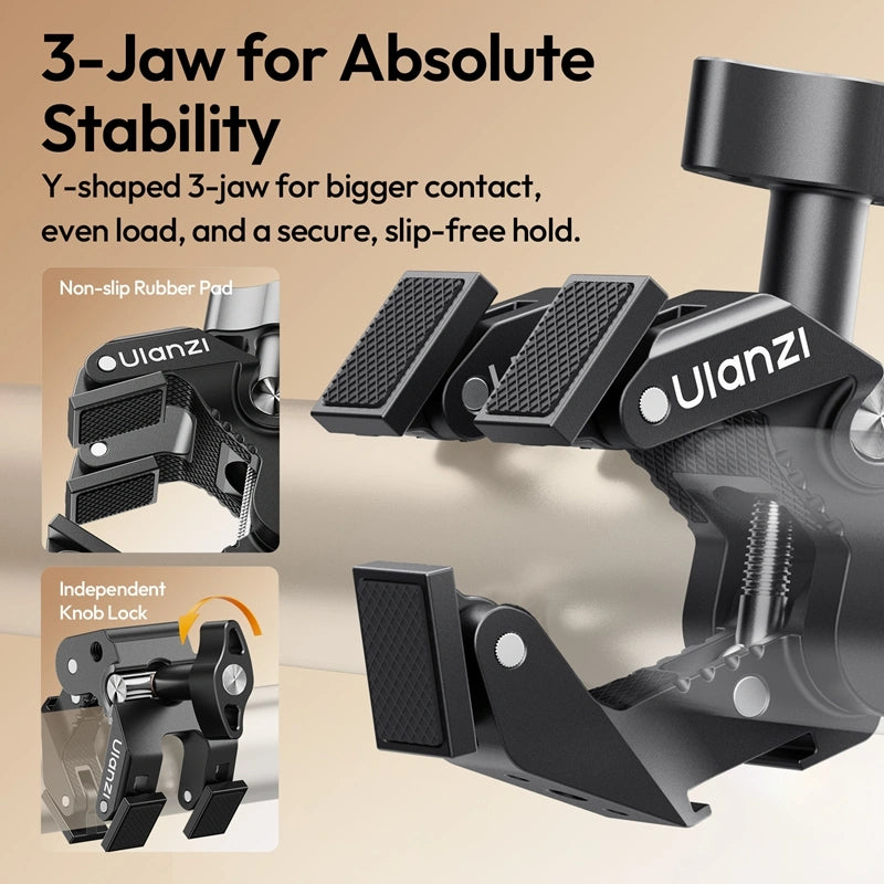 Ulanzi CO78 Super Clamp C082 with 3-jaw grip and independent knob lock for stability.