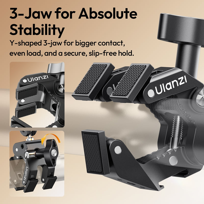 Ulanzi Super Clamp with three jaws for absolute stability and a secure, slip-free hold.