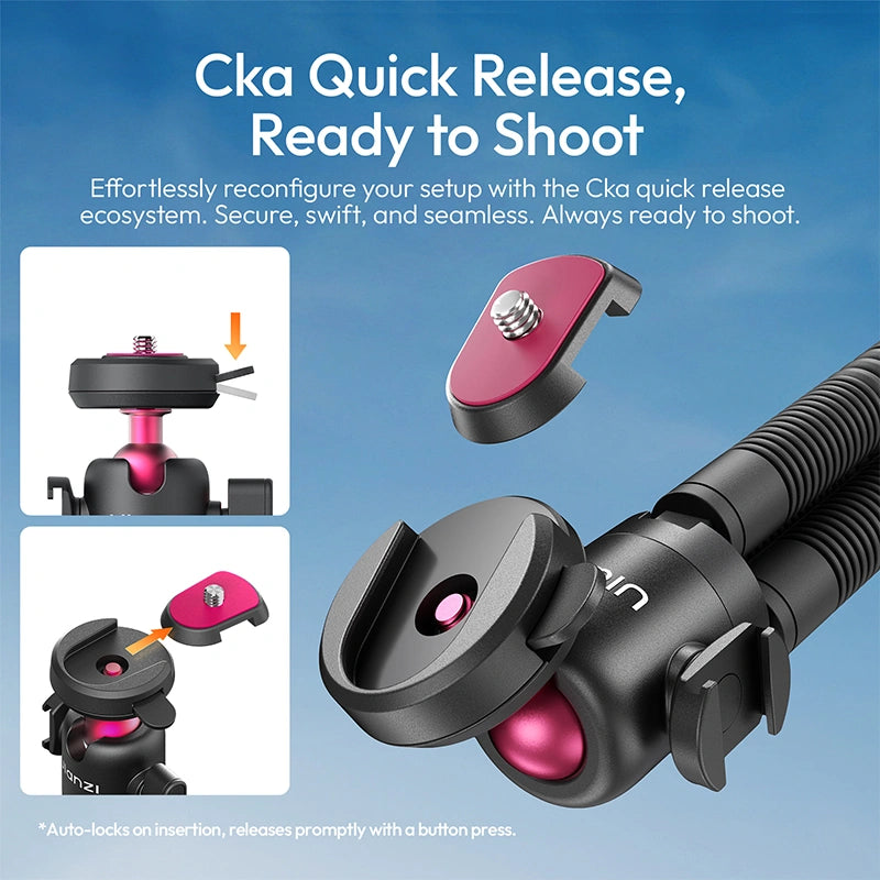 Ulanzi MT91 Cka quick release tripod mount with pink quick-release plate, showing secure attachment