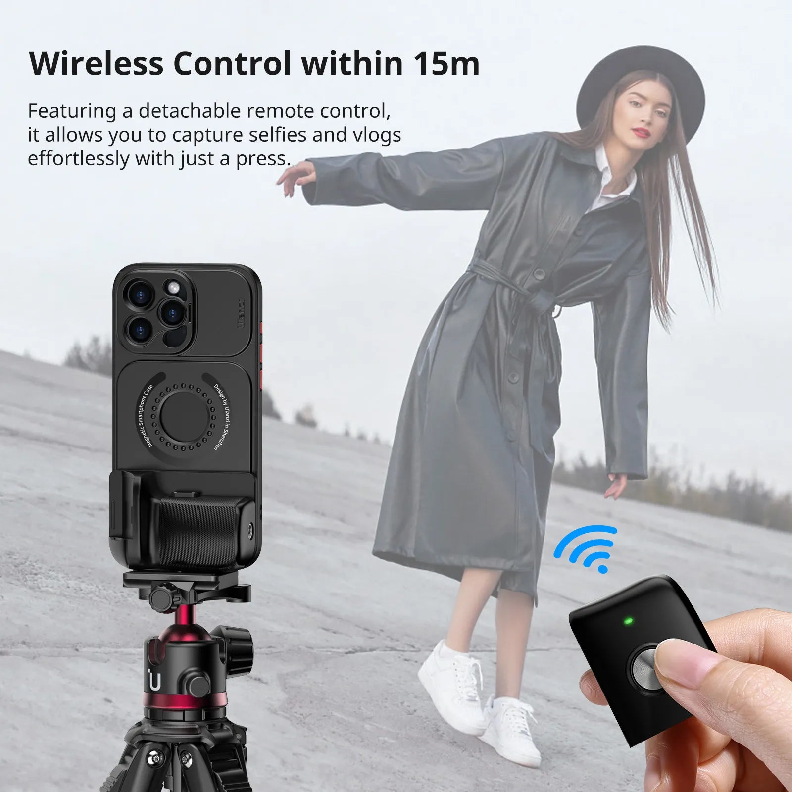 Ulanzi O-LOCK Phone Video Kit with remote control for selfies, mounted on tripod.