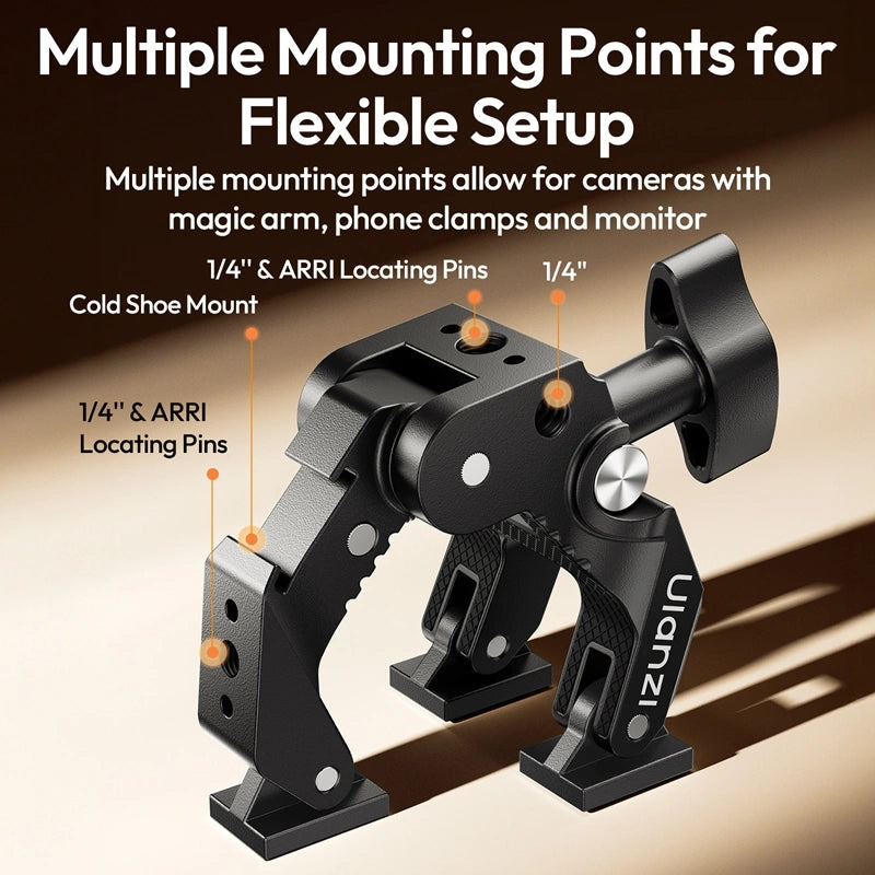 Ulanzi CO78 Super Clamp with multiple 1/4" & ARRI locating pins and cold shoe mount.