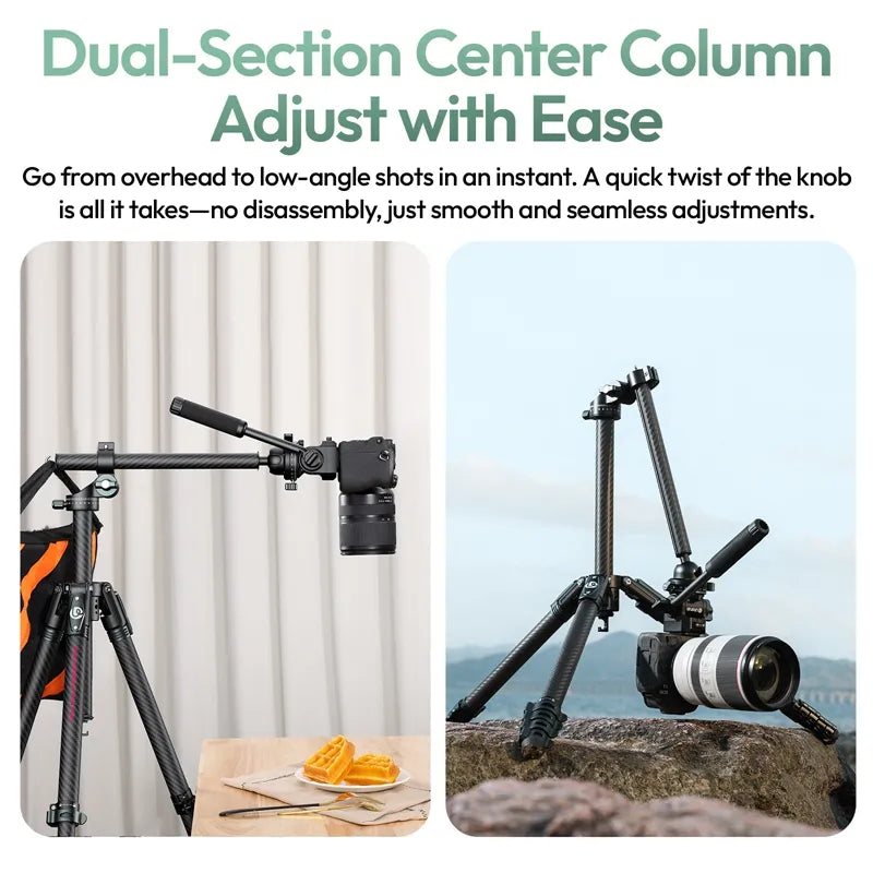 The Ulanzi JJ06 Glidego tripod features a dual-section center column with a quick twist knob for easy switching between high and low-angle shots.