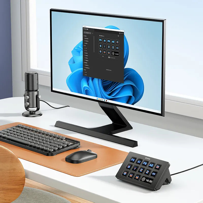 Ulanzi Stream Controller D200 on desk with monitor, keyboard, and microphone setup.