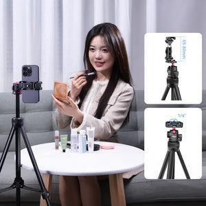 Ulanzi TT51 tripod setup for phone filming, featuring a woman doing makeup.