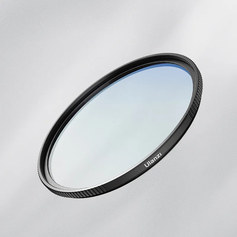 Ulanzi UV01 UV filter displaying blue glass and black aluminum frame from a side angle.