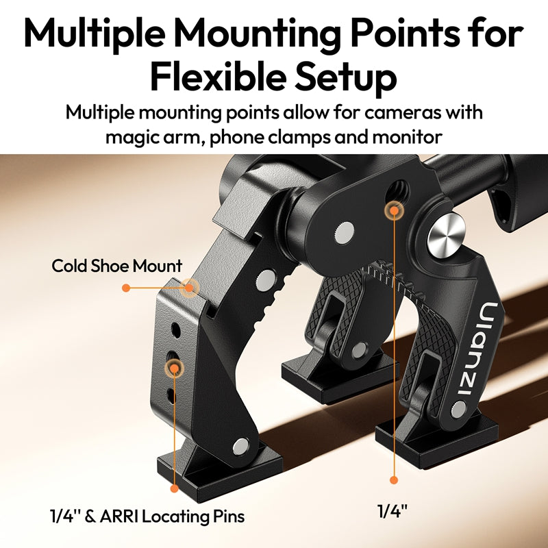 Ulanzi Super Clamp with Cold Shoe Mount and 1/4" & ARRI Locating Pins for flexible setup.