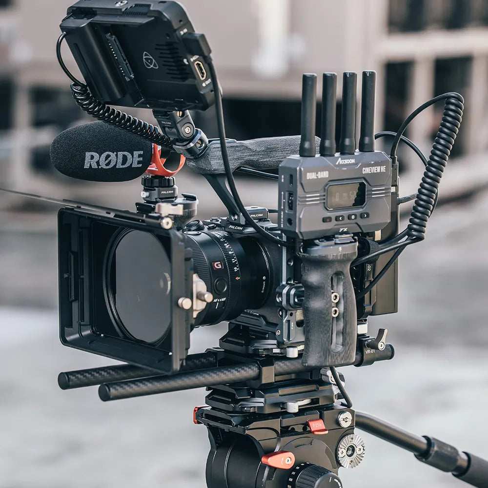 Close-up of Ulanzi Falcam F22 camera cage with Sony FX30 and mounted microphone.