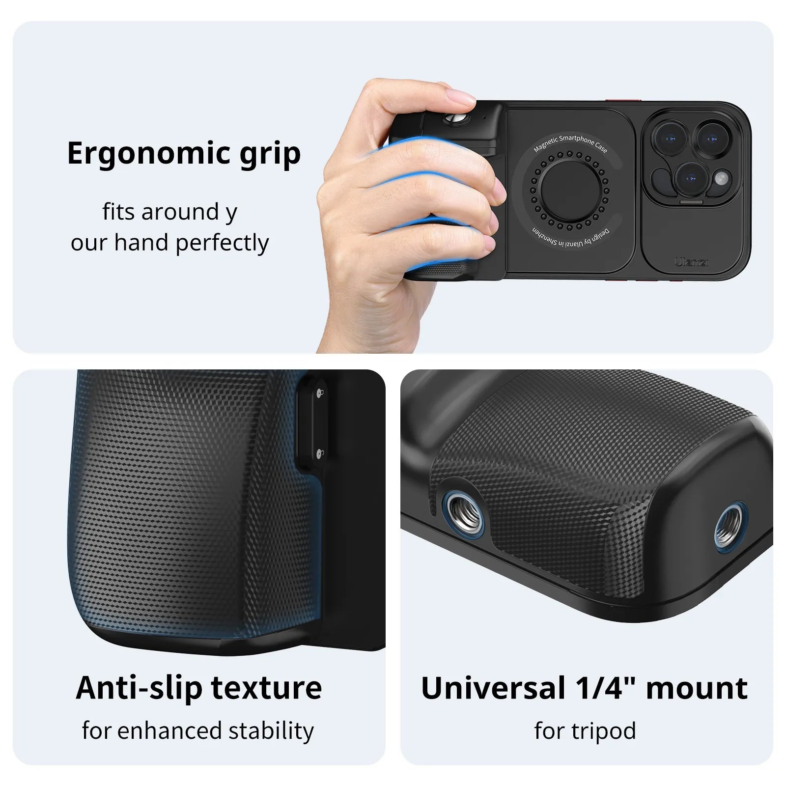 Ulanzi O-LOCK Phone Video Kit features ergonomic grip and anti-slip texture.
