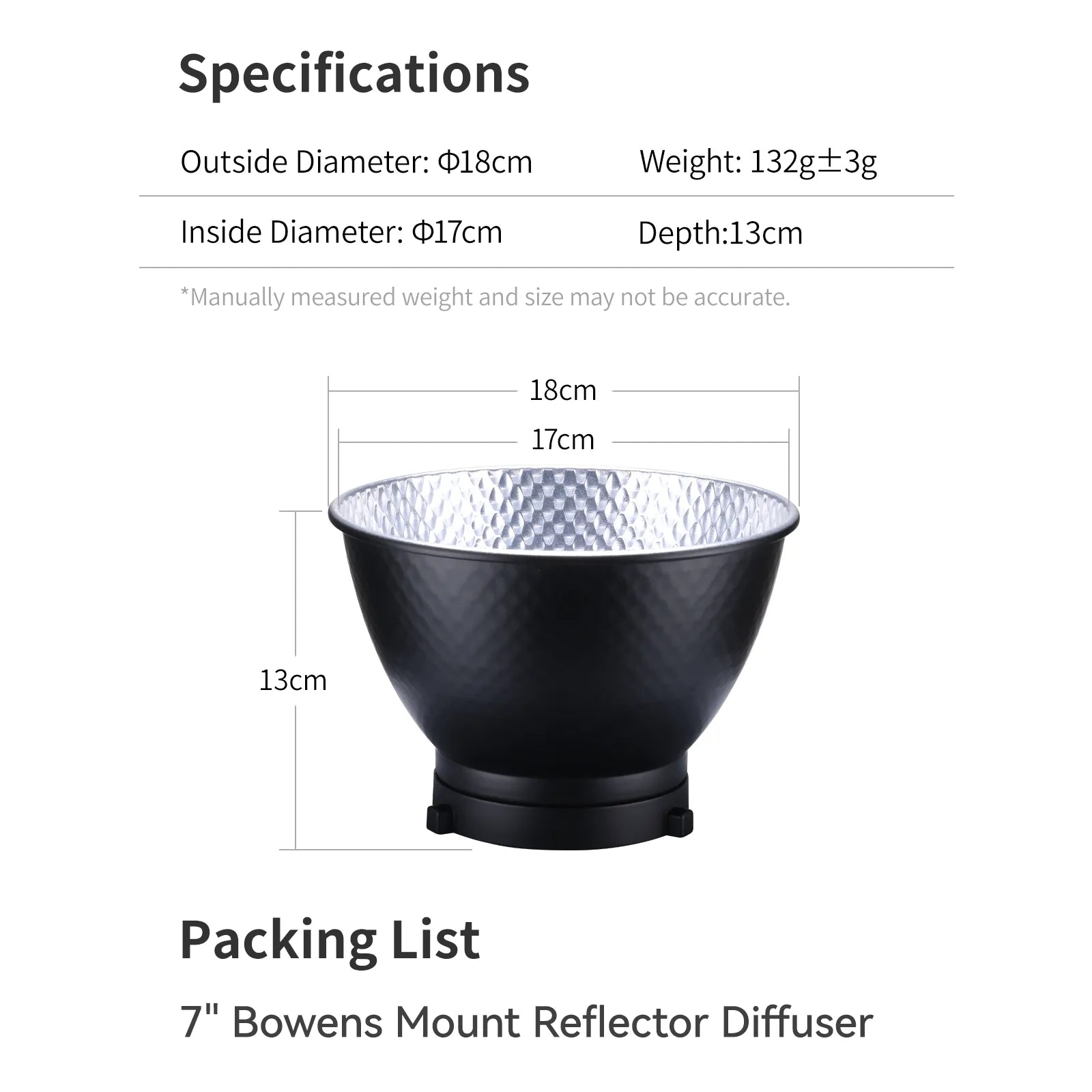Ulanzi HT002 7-inch Bowens Mount Reflector Diffuser specifications and packing list.