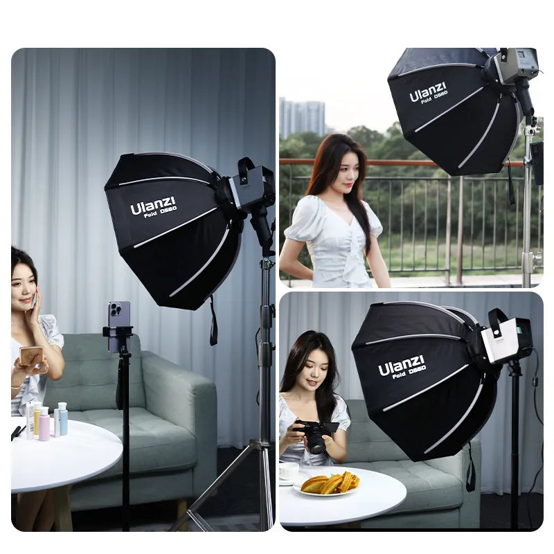 Ulanzi octagonal softbox providing soft lighting for portrait photography in a modern setup.