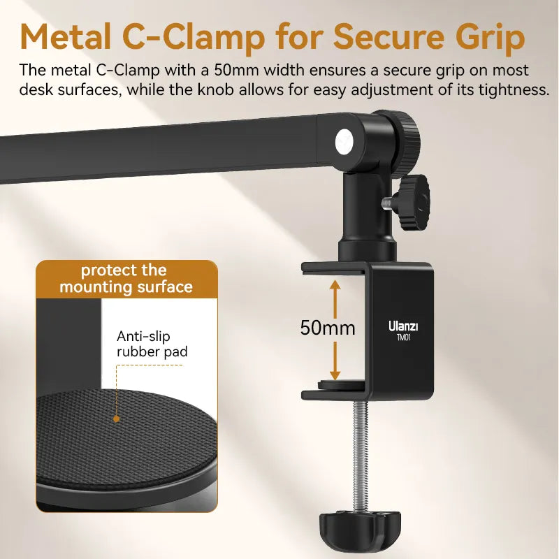 Ulanzi TM01 microphone boom arm with secure metal C-clamp for desk mounting.