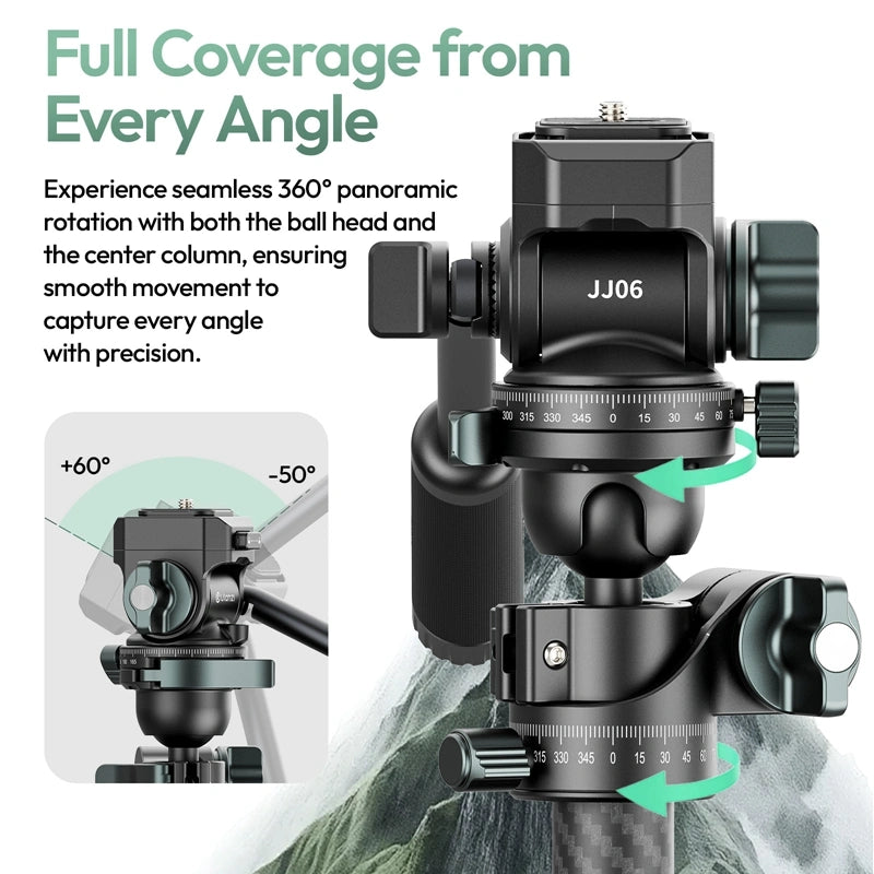 Ulanzi JJ06 ball head tripod with 360° panoramic rotation, showcasing smooth movement for capturing every angle.