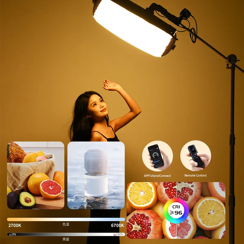 Model with Ulanzi AL60 LED light; color temp range from 2700K to 6700K.