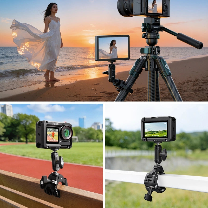 Ulanzi CO78 Super Clamp C082 holding a camera on a tripod at the beach and on a bench, and an action camera mounted outdoors.