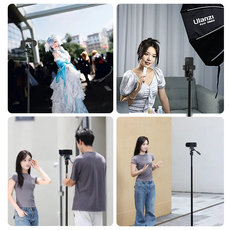 Collage showcasing Ulanzi gear in use: models, makeup application, and video recording sessions.