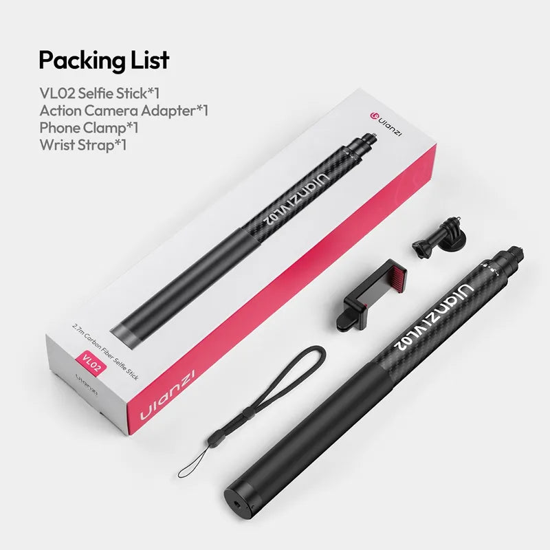 Selfie stick set with phone clamp and action camera adapter.