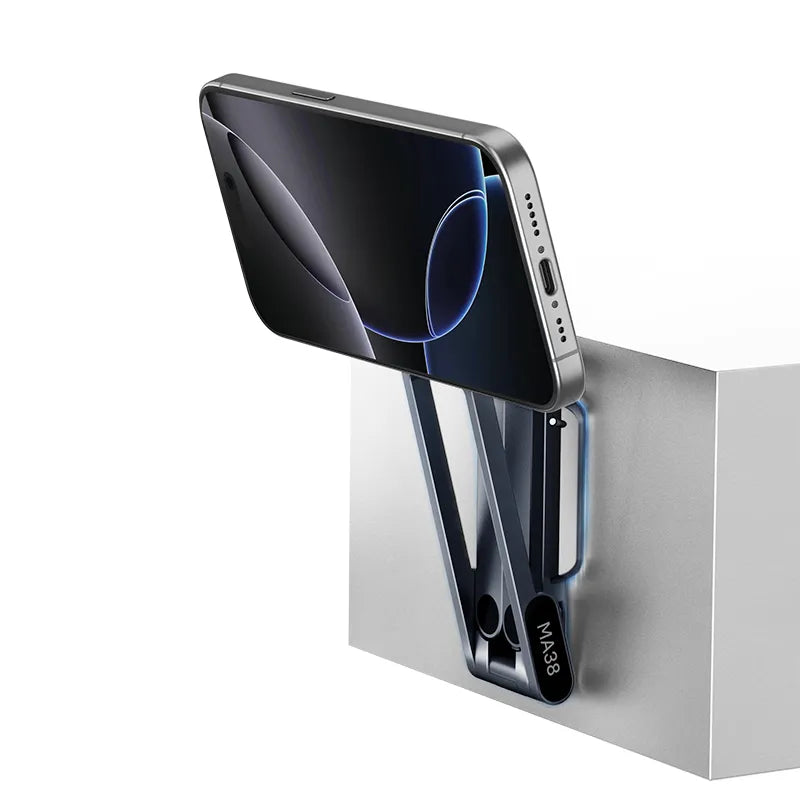 The Ulanzi MagLock Phone Stand attaching a smartphone to the side of a monitor.