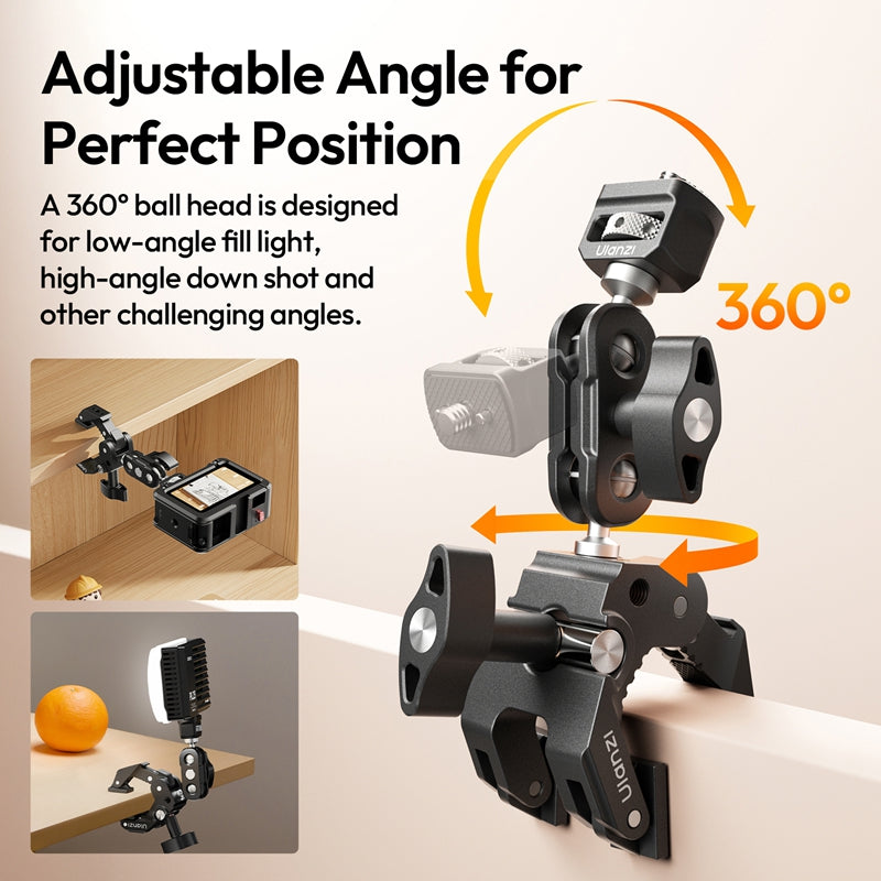 Ulanzi CO78 Super Clamp Magic Arm with dual ball head, showing 360° rotation for various angles, attached to a desk edge.