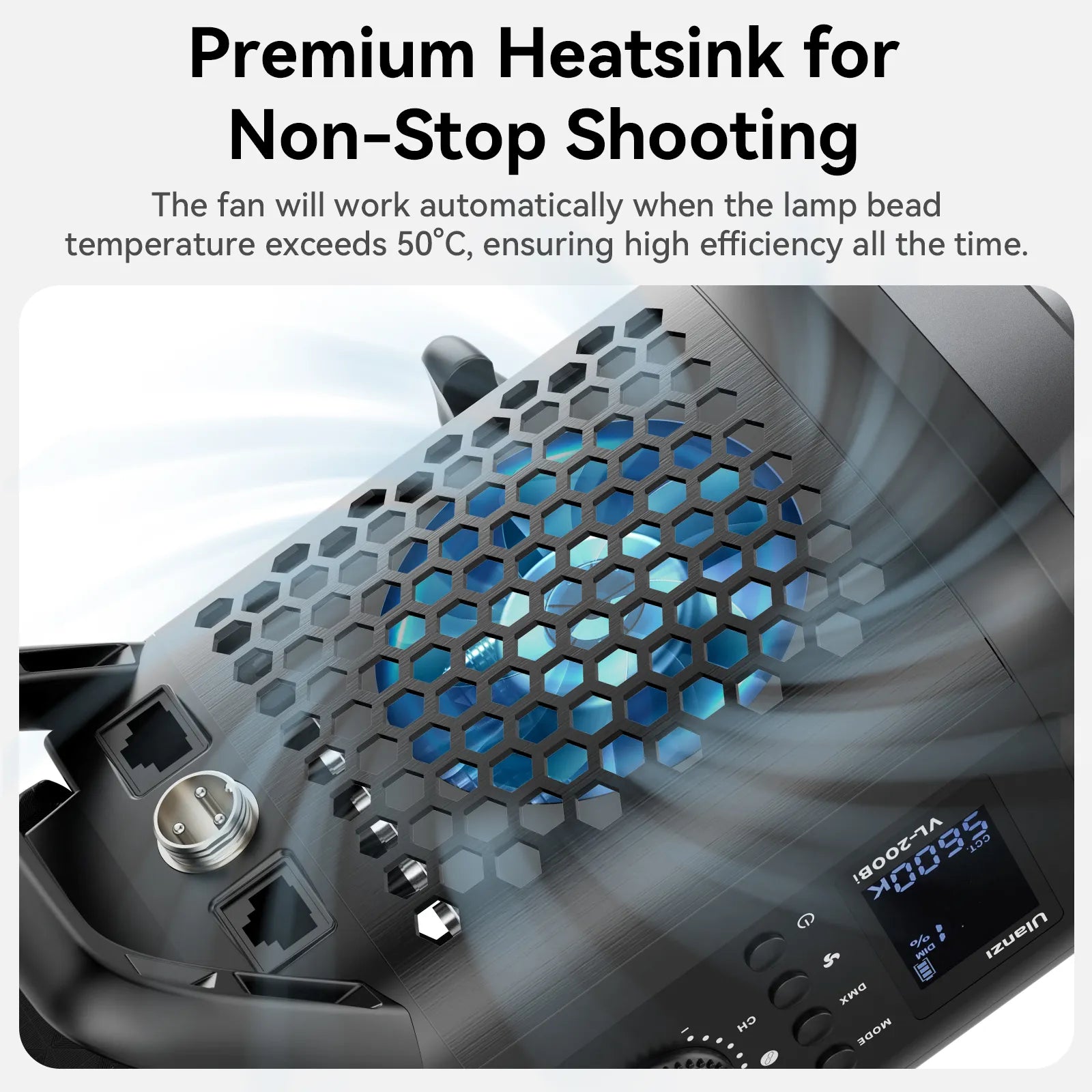 Ulanzi VL-200Bi video light with heatsink, fan, and LCD display for efficient cooling.