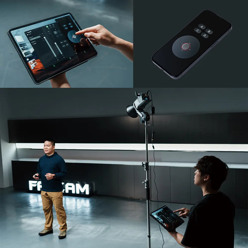 A studio setup with a professional light, a tablet displaying a lighting control interface, and a remote control device for adjustments.