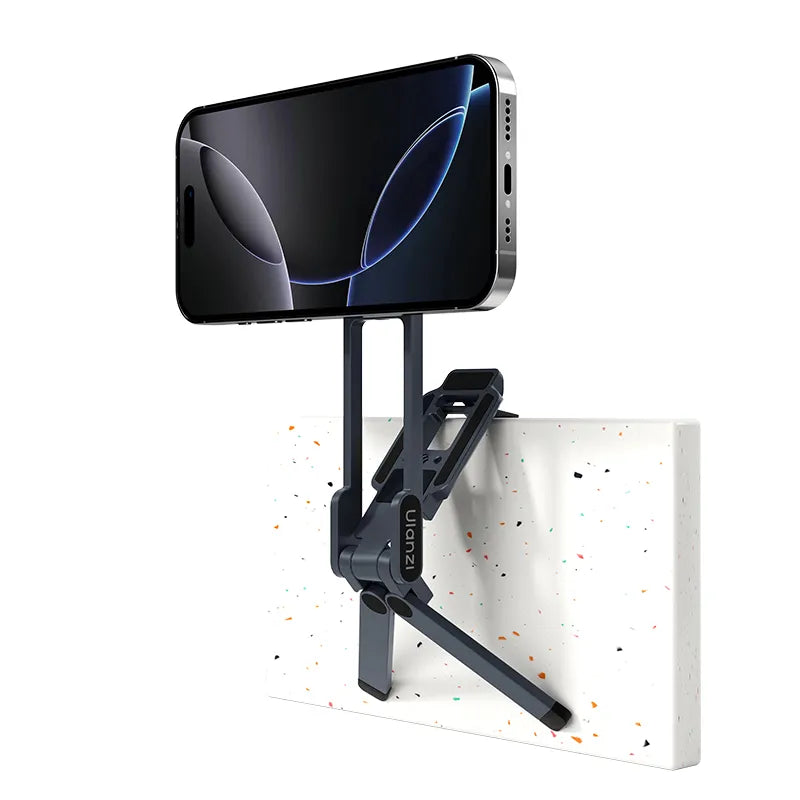 The Ulanzi MagLock Phone Stand clamps onto a surface, securely holding a smartphone.