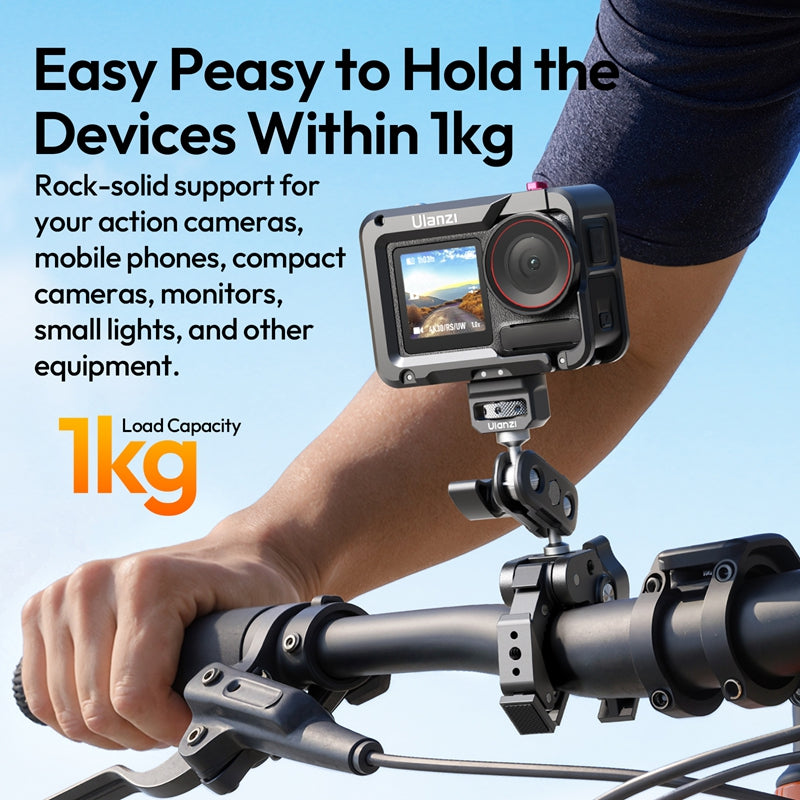 Ulanzi CO78 Super Clamp Magic Arm Dual Ball Head Kit holding action camera, 1kg load capacity