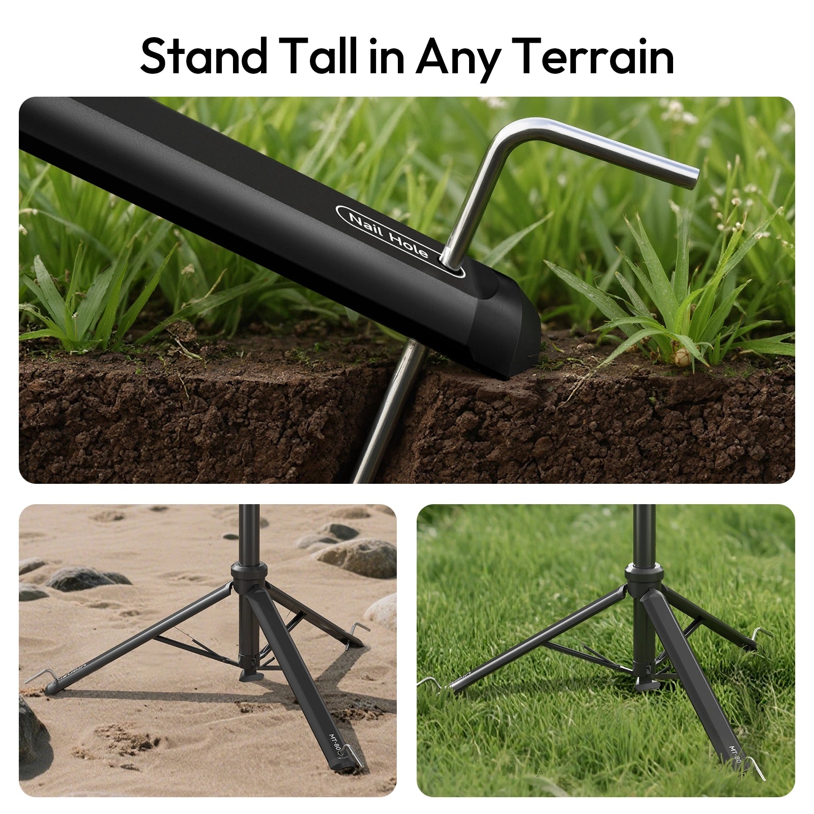 A tripod leg being anchored into the ground with a metal stake.
