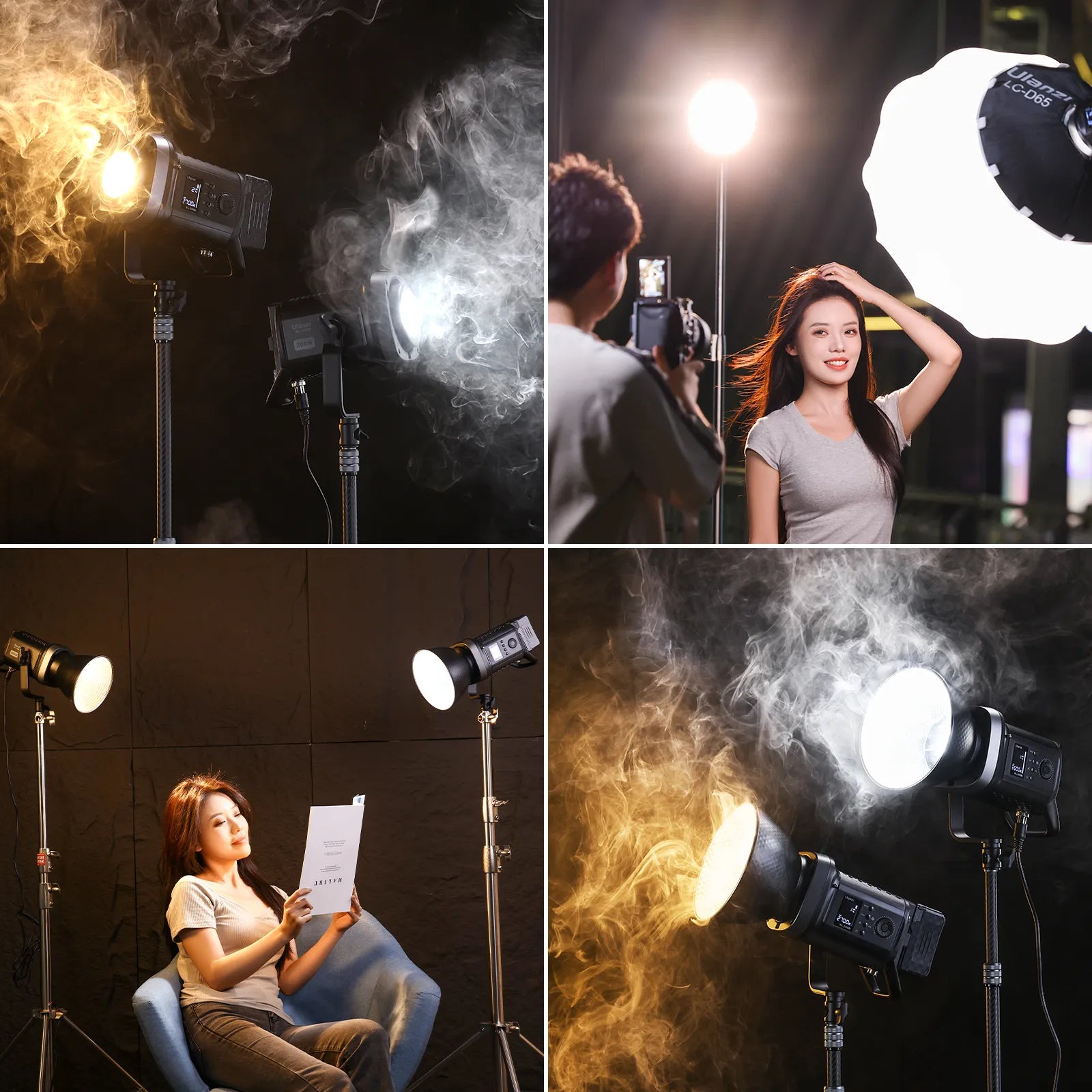 Ulanzi VL-200Bi 200W V-Mount video light in action with warm and cool tones.