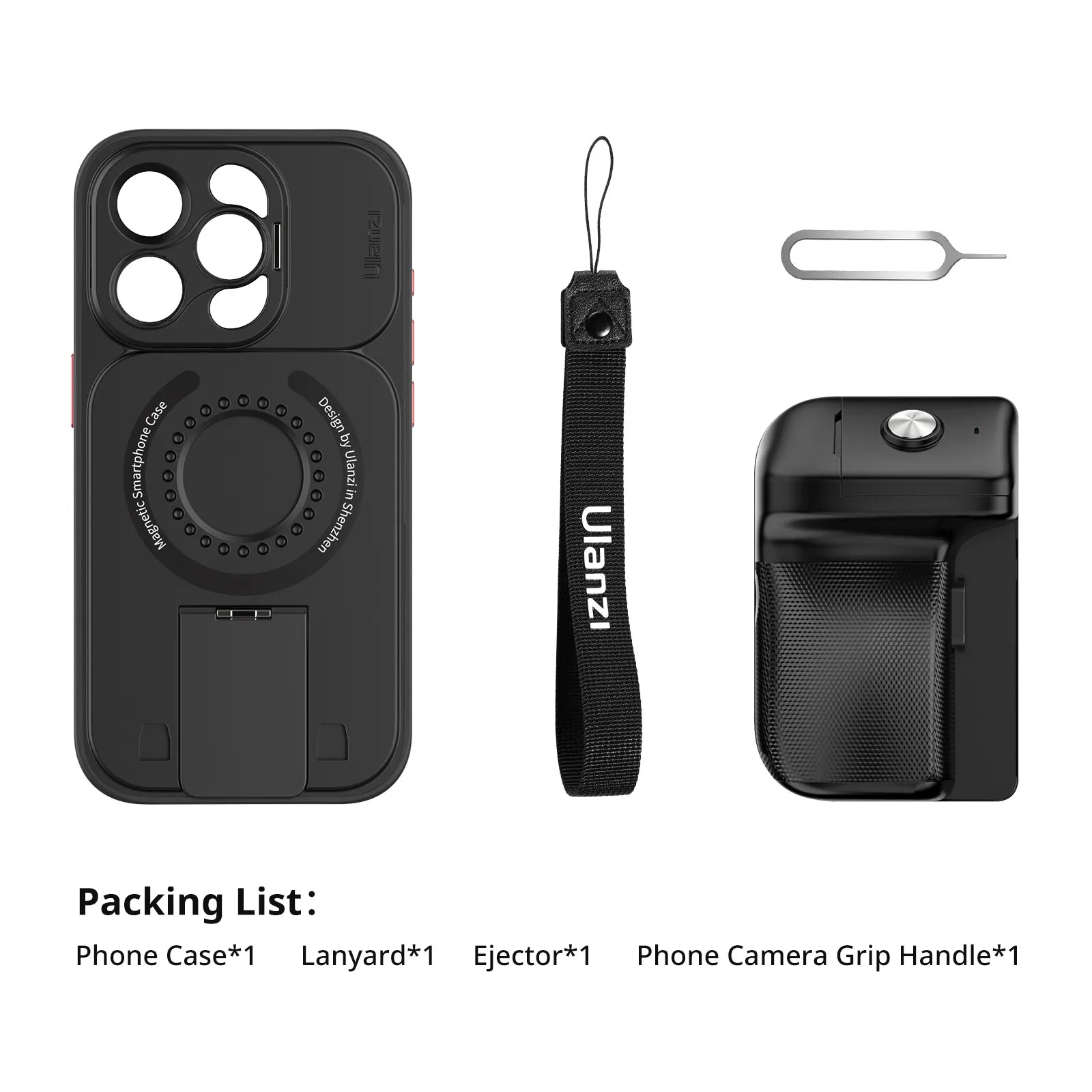Ulanzi O-LOCK Phone Video Kit packing list with case, lanyard, ejector, grip handle
