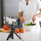Man cooking with Ulanzi HM2301 microphone, smartphone on tripod, and fresh vegetables.