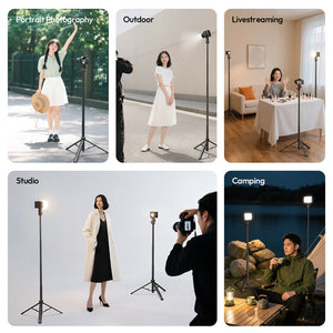 Collage of a person using a camera and light stand in various settings including portrait photography, outdoor, livestreaming, studio, and camping.