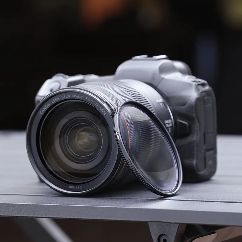 Ulanzi UV01 Protective UV Filter attached to a Canon camera lens on a table
